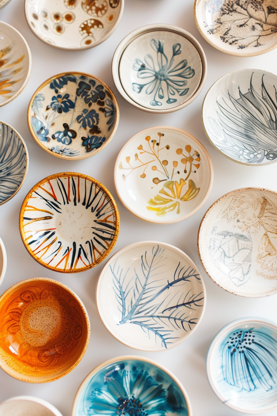 An assortment of colorful, patterned ceramic plates with various floral and abstract designs, arranged on a white surface.