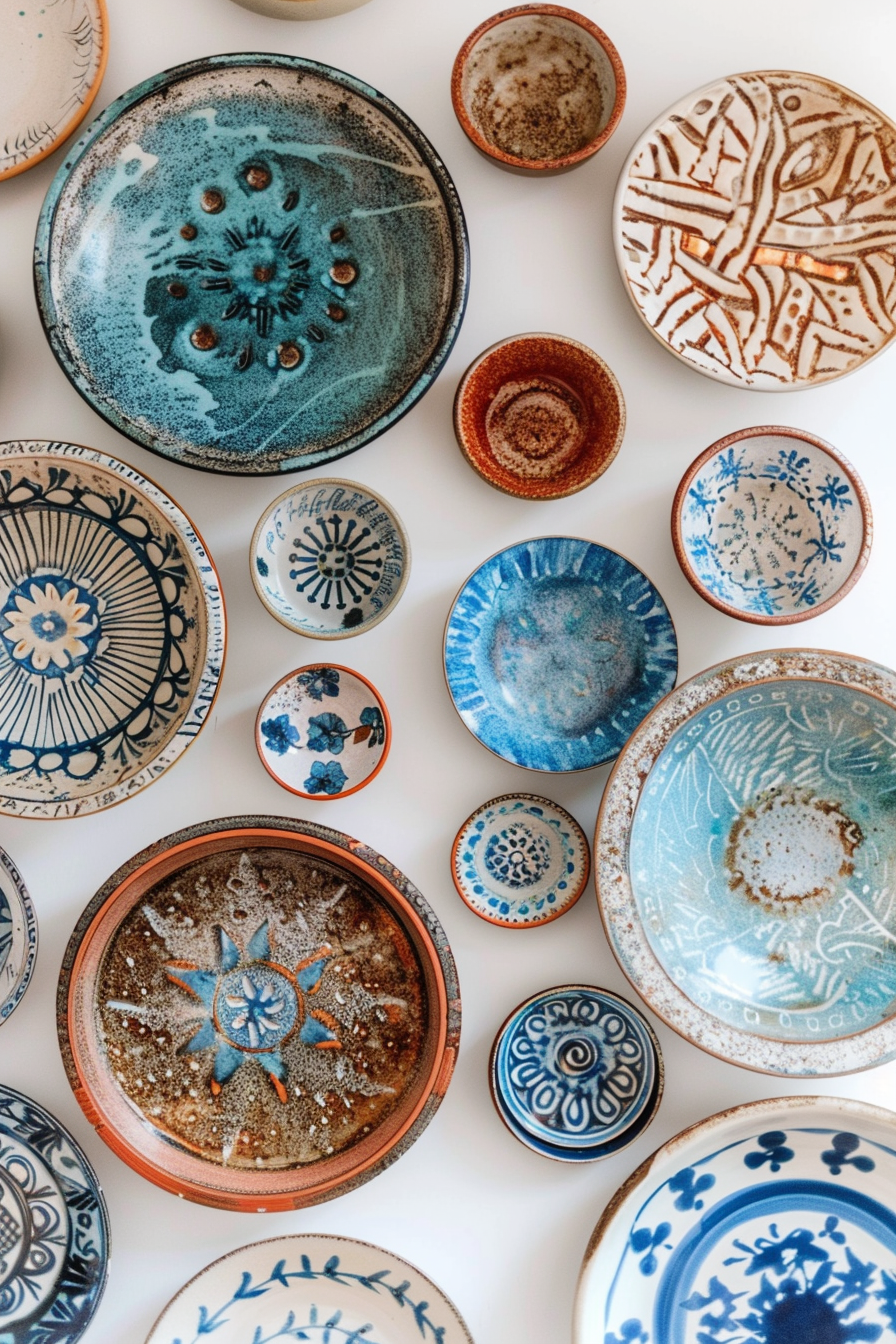 A collection of variously patterned and colored ceramic plates displayed on a white background.