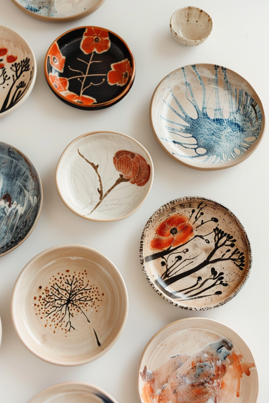 A collection of variously designed ceramic plates and bowls with artistic floral and abstract patterns, arranged on a light background.