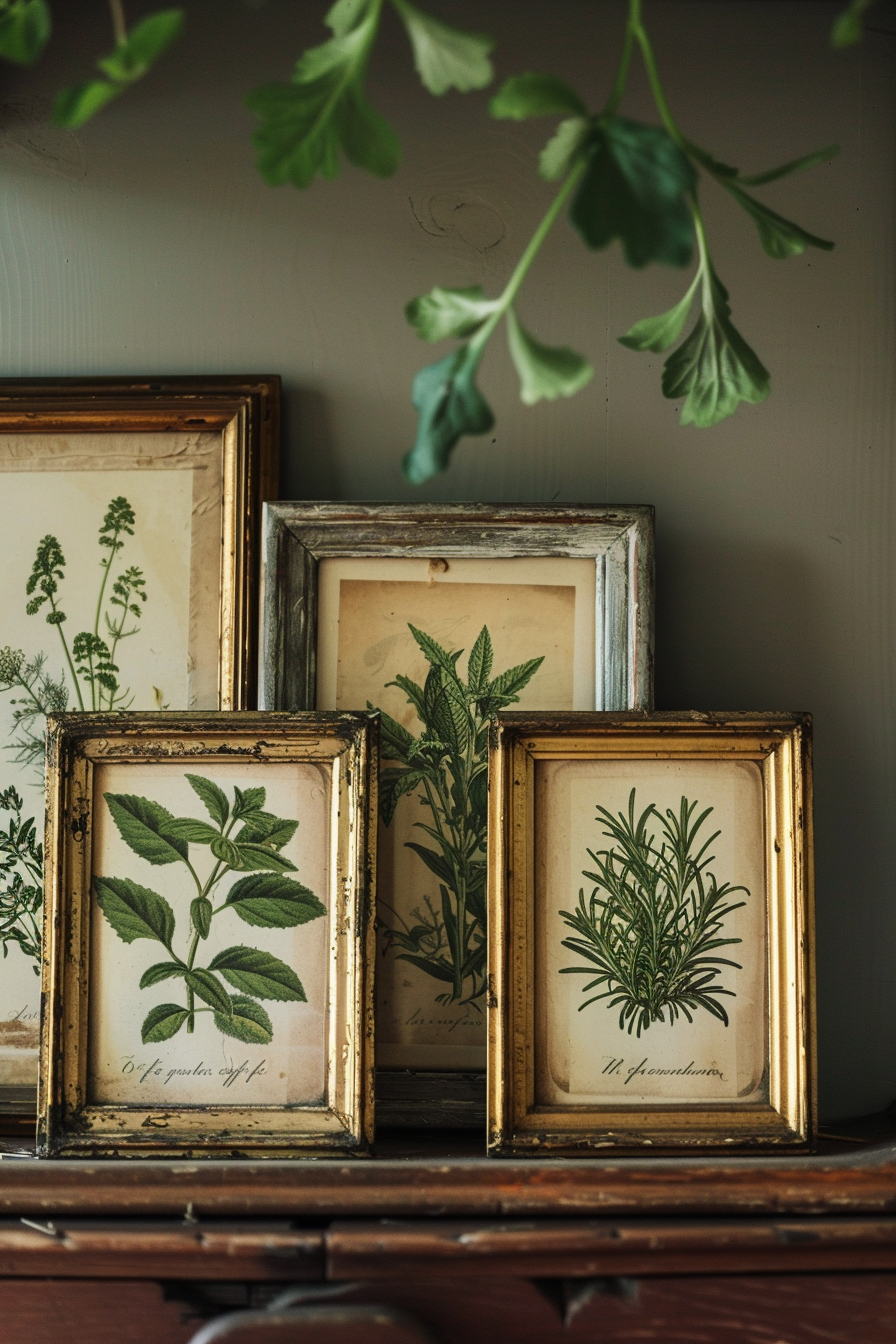 ALT text: "A collection of vintage botanical illustrations in golden frames displayed on a wooden shelf, with a real plant's leaves partially visible above."