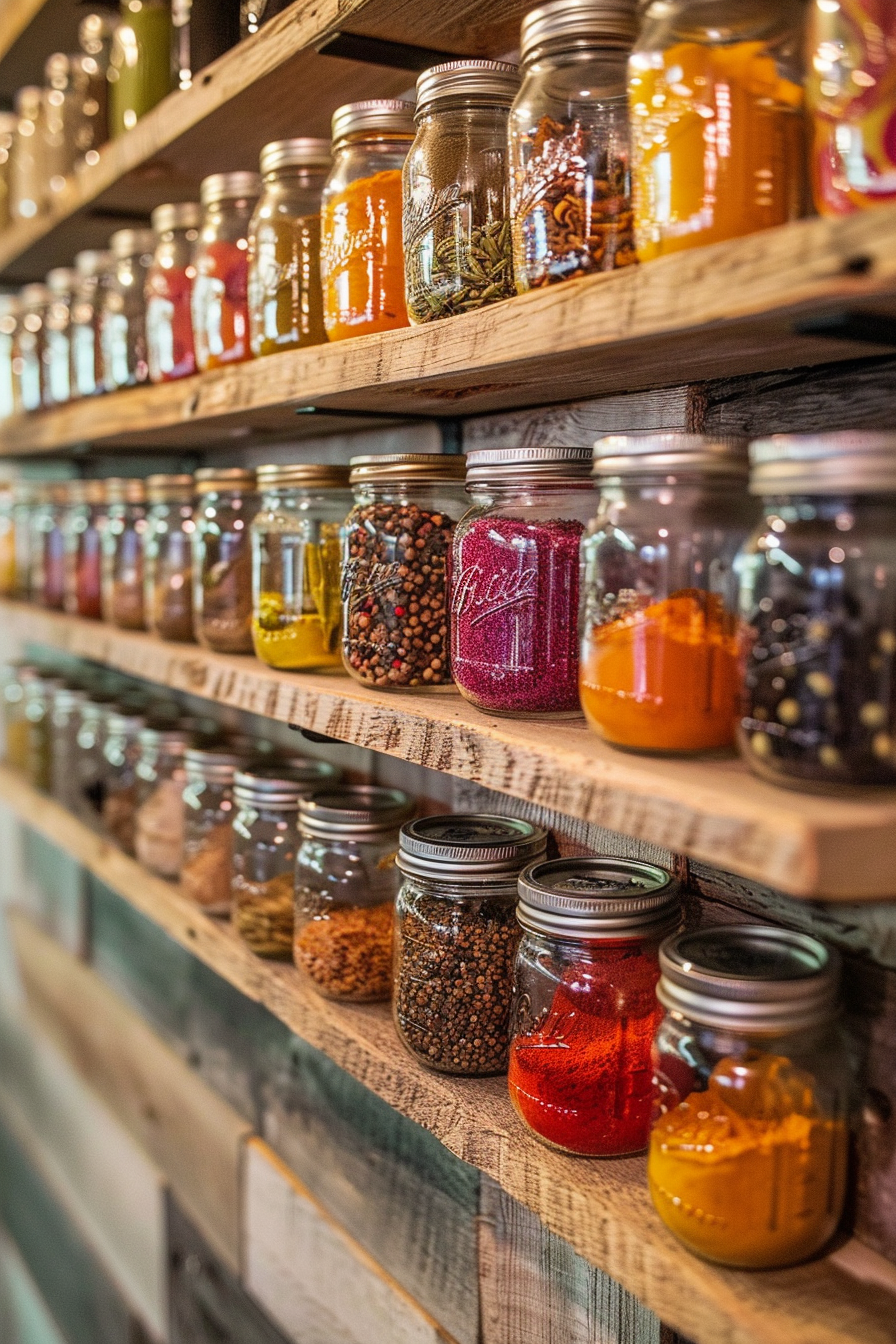 ALT: Multiple jars filled with colorful spices and herbs neatly arranged on rustic wooden shelves.