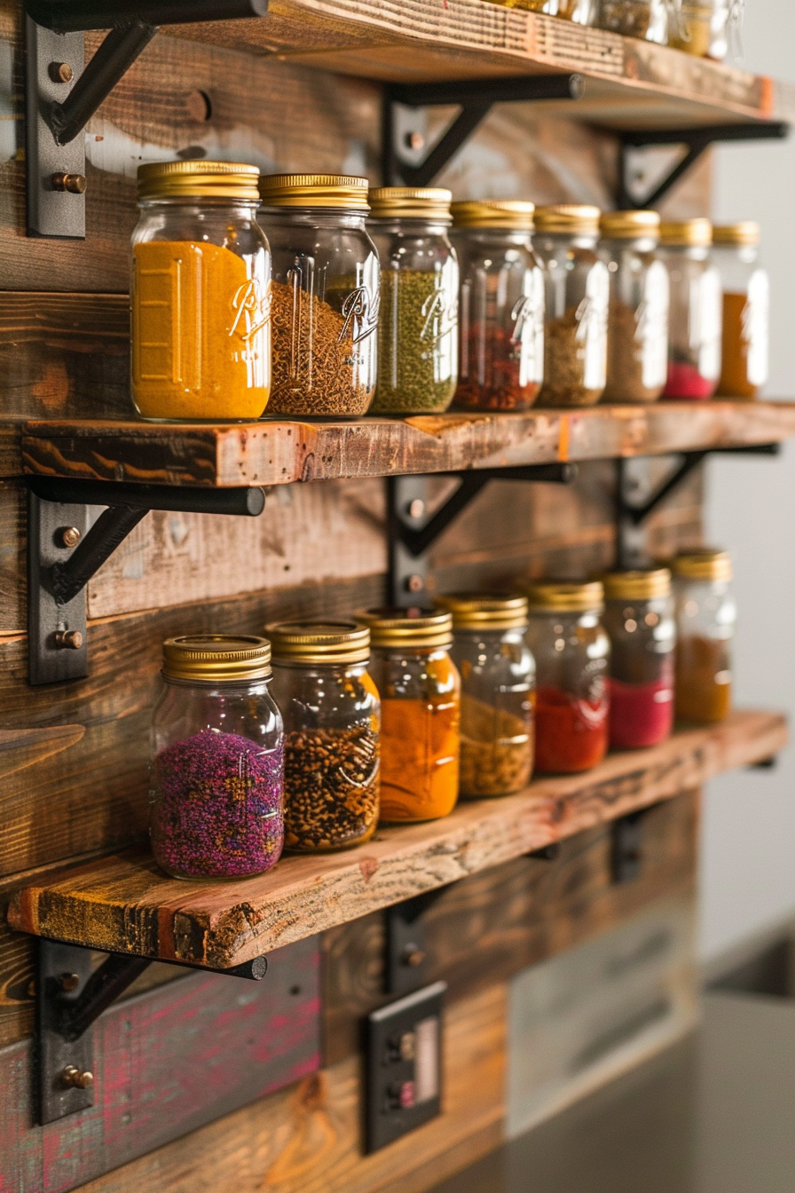ALT text: Rows of labeled glass jars filled with colorful spices on rustic wooden shelves with industrial-style metal supports.