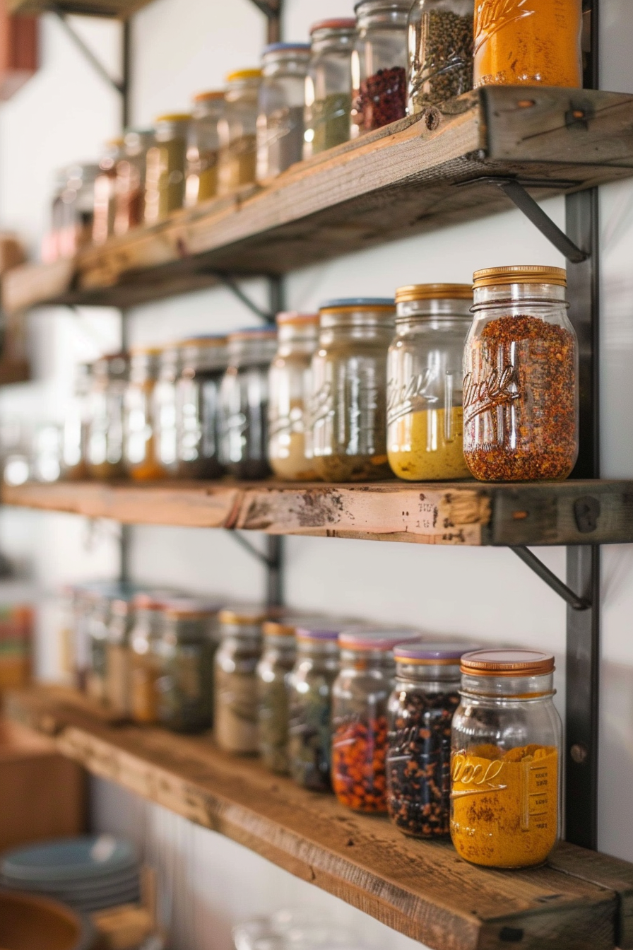 Jars of various spices and dried goods lined up on wooden shelves in a cozy pantry setting.