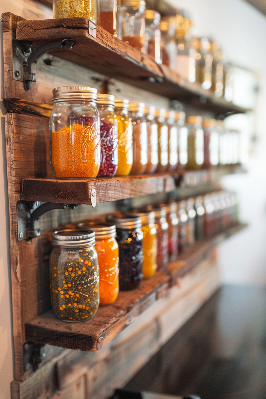 Rustic wooden shelves holding a variety of colorful preserved foods in mason jars against a blurred background.