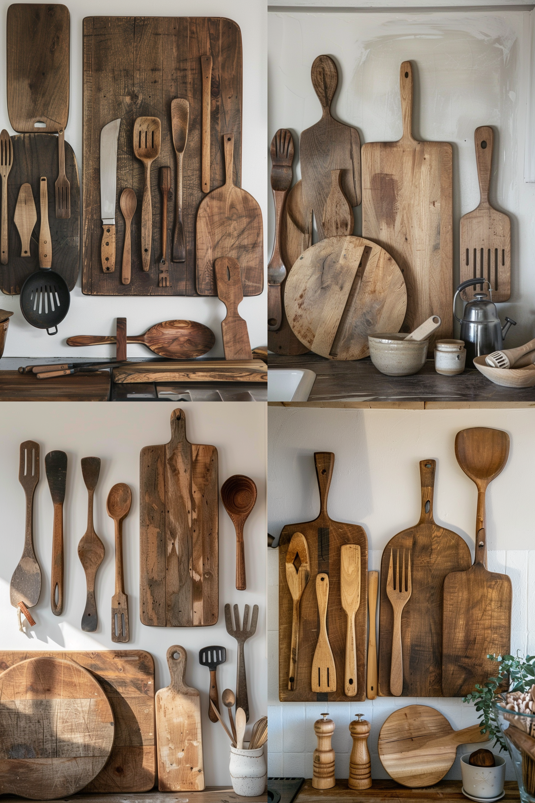 ALT: A variety of wooden kitchen utensils and cutting boards arranged decoratively on shelves against a wall.
