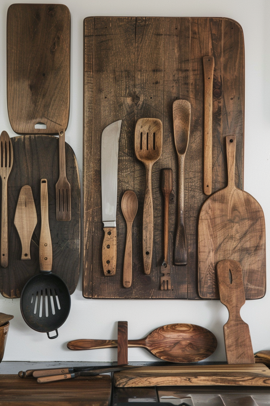 A variety of wooden cutting boards and kitchen utensils hung on a wall above a wooden countertop.
