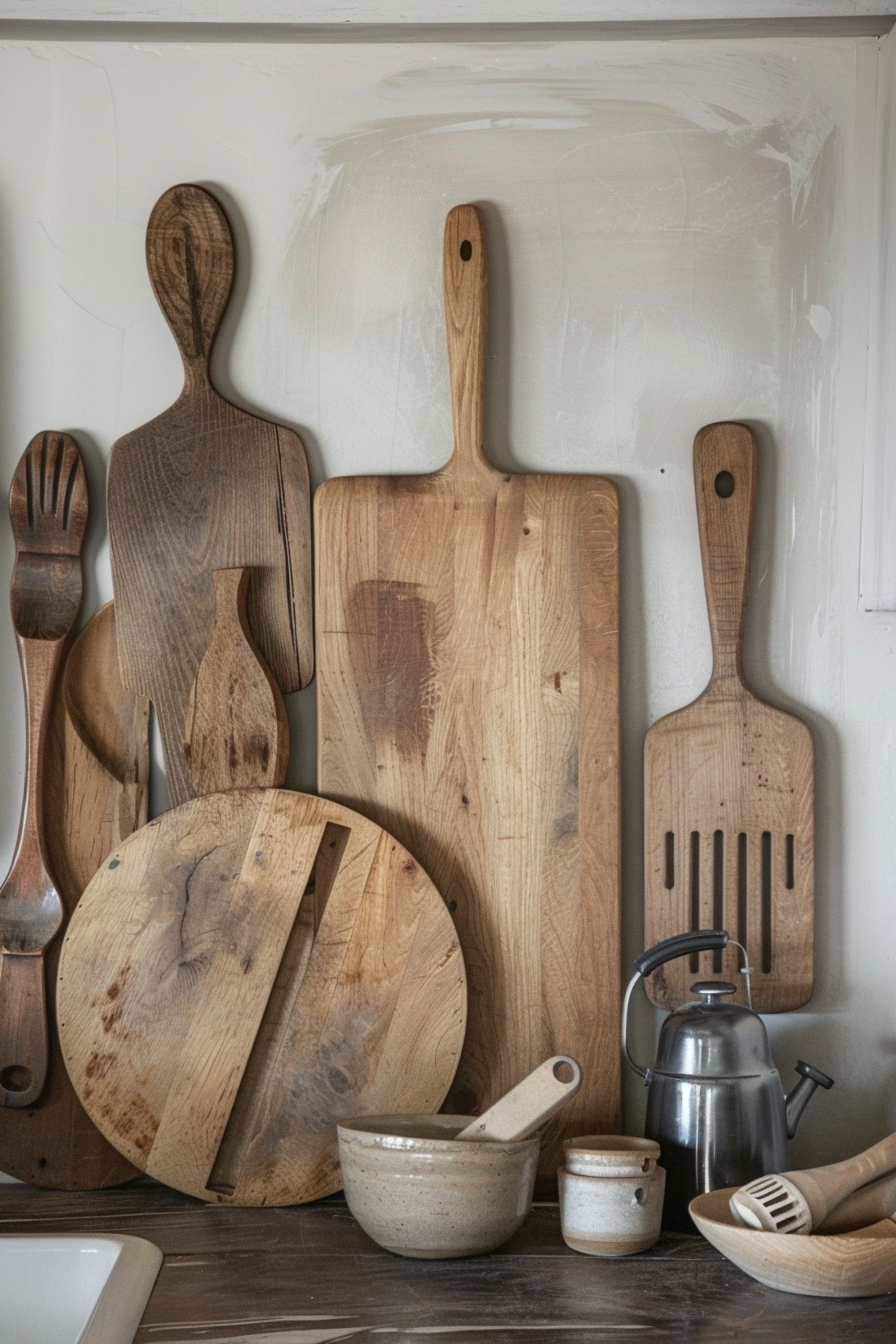 Assorted wooden kitchen utensils and cutting boards leaning against a wall above a countertop with ceramic bowls and a metal kettle.