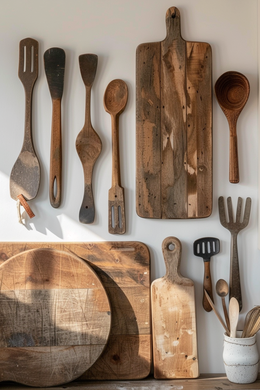 Wooden kitchen utensils and cutting boards hung on a wall, highlighting rustic interior decor.