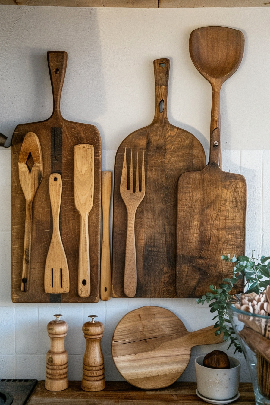 A variety of wooden kitchen utensils and cutting boards are displayed on a wall above a countertop.