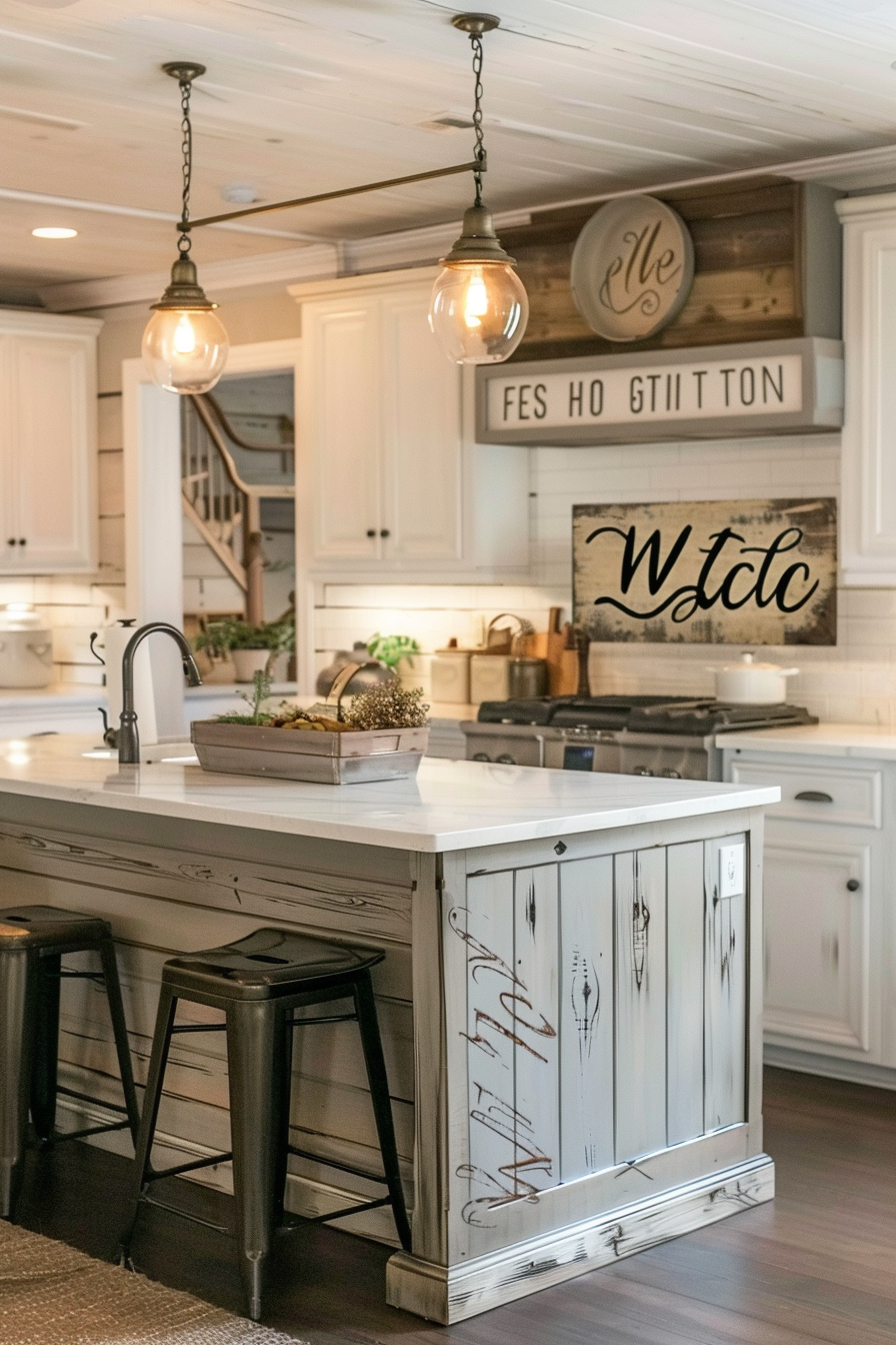 ALT: A cozy kitchen with a white island, two hanging pendant lights, and rustic decor with vintage signs on the walls.