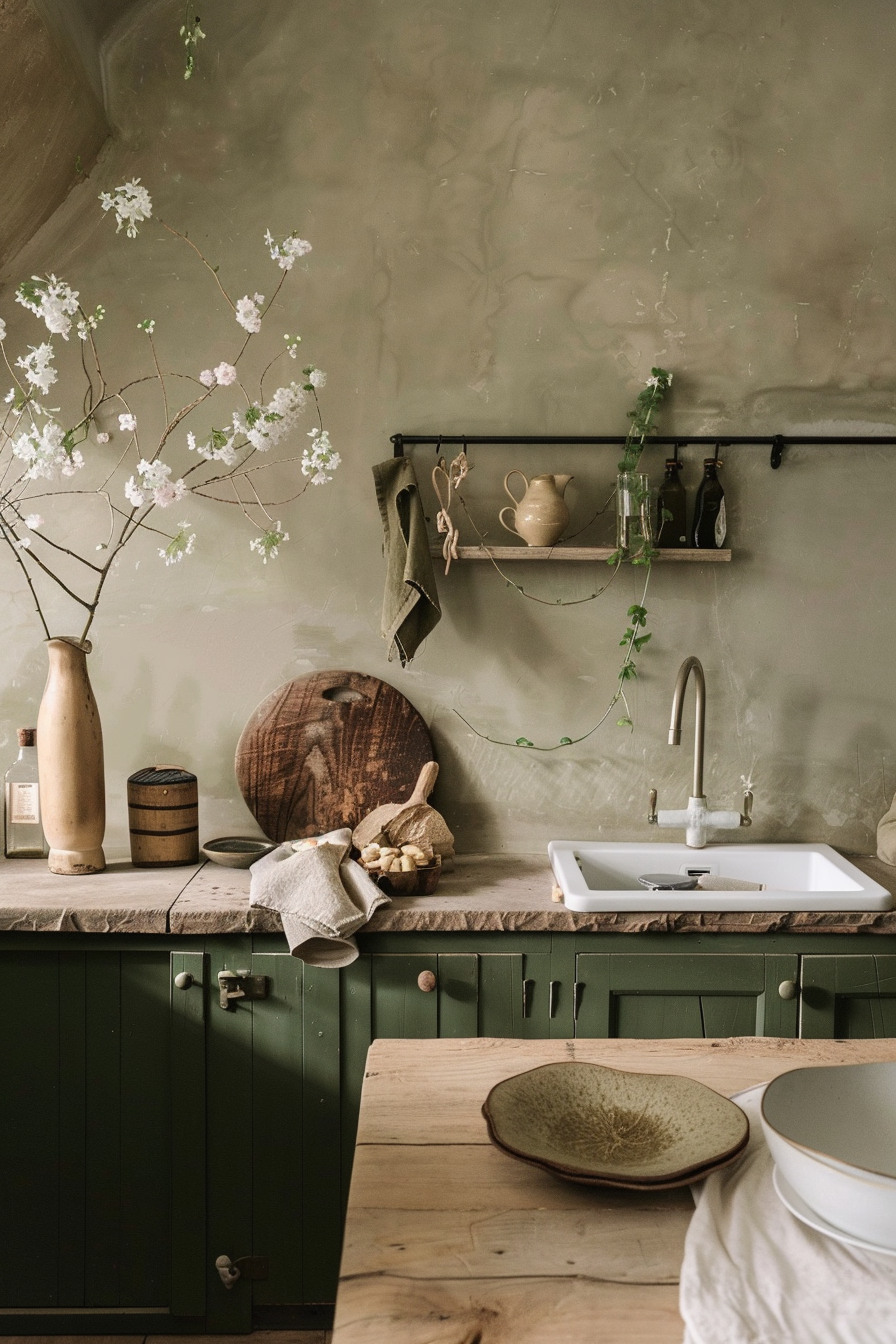 Rustic kitchen with green cabinets, wooden countertops, and floral decor in a ceramic vase.