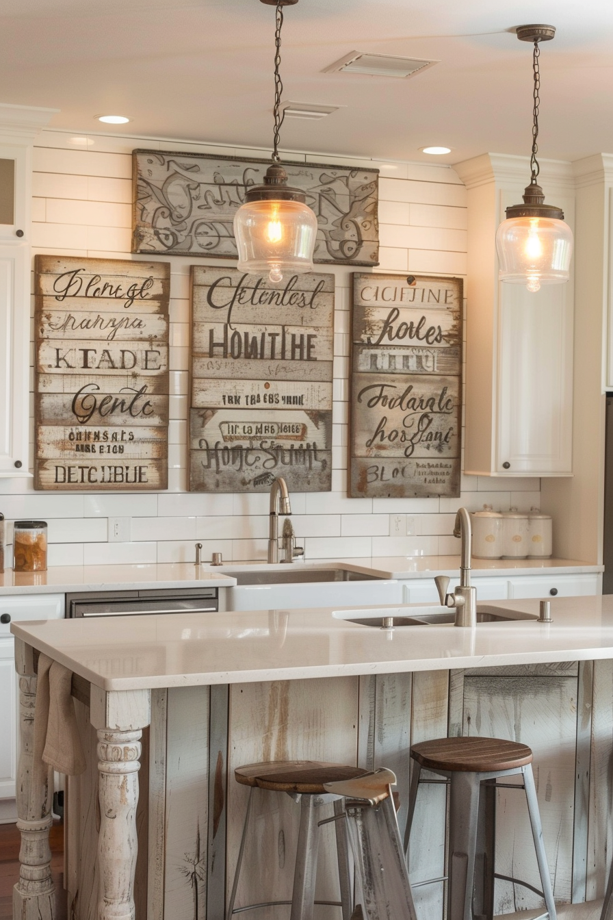 A cozy kitchen interior with white countertops, distressed wooden cabinetry, two pendant lights, and vintage wall signs.