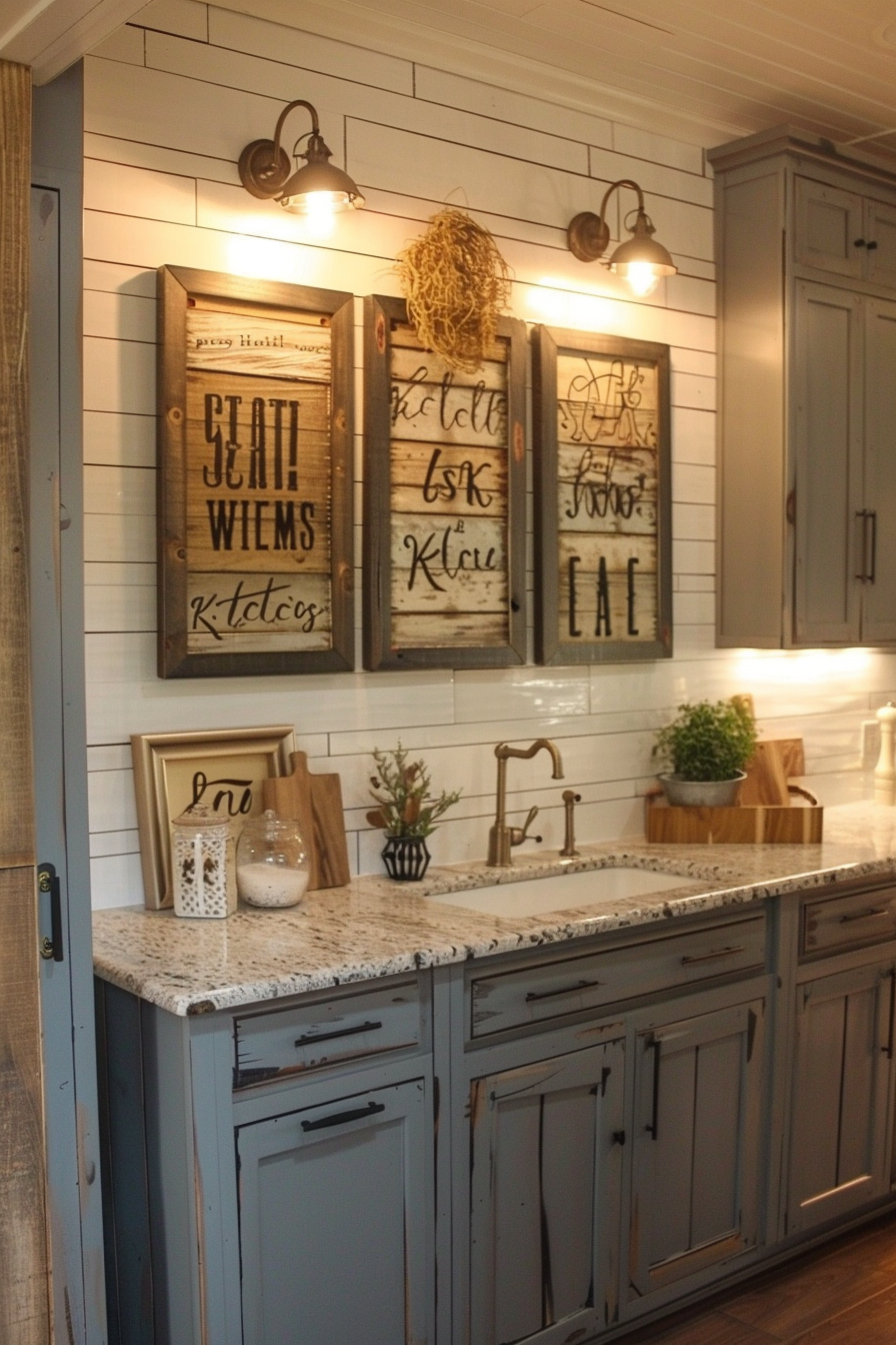 A cozy rustic kitchen with distressed blue cabinets, granite countertops, and decorative framed word art on shiplap walls.