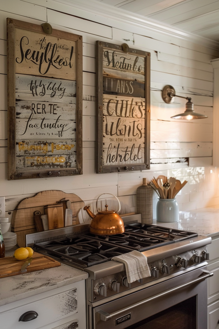 A cozy rustic kitchen corner featuring a vintage stove, copper kettle, wooden utensils, and decorative signs on shiplap walls.