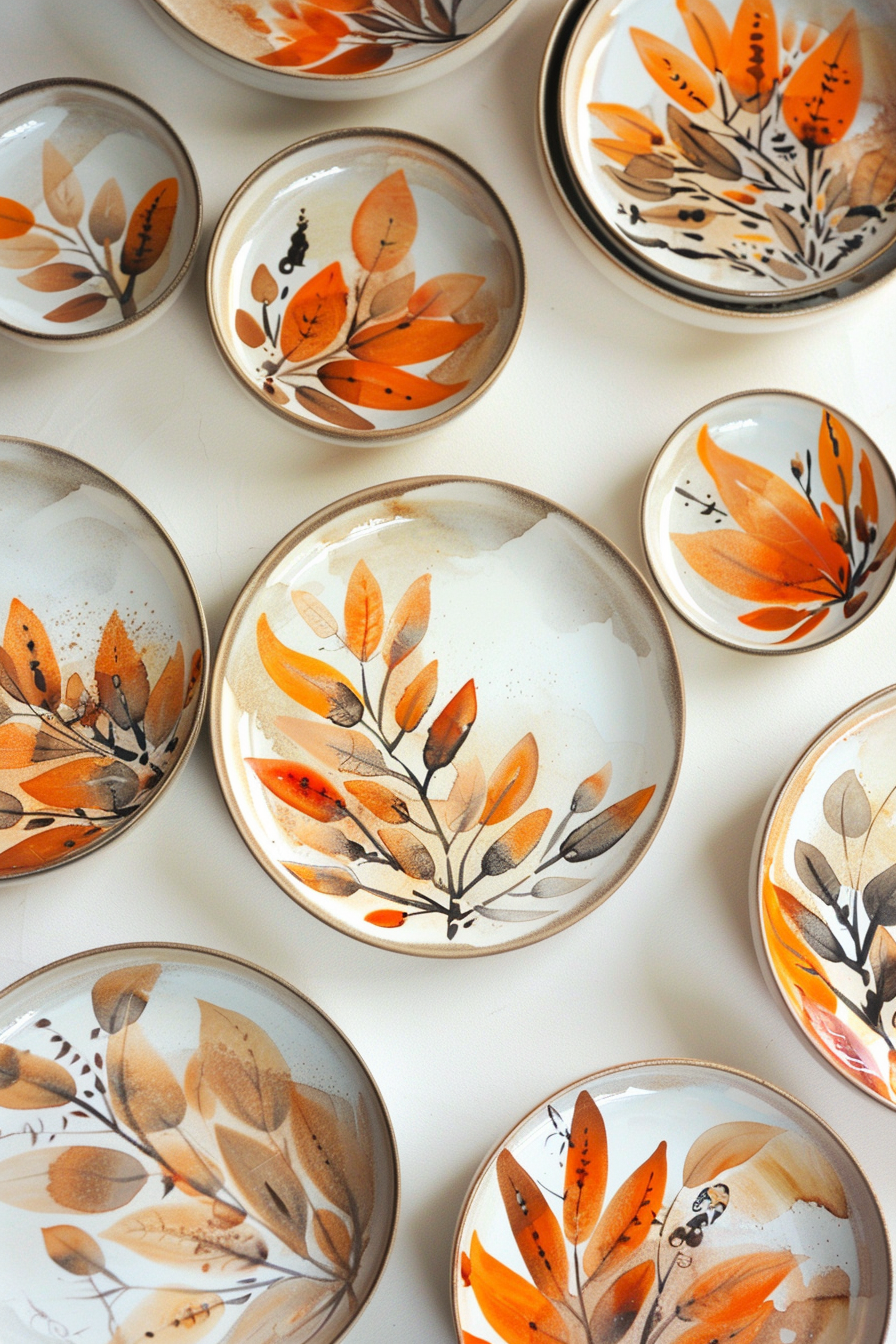 Hand-painted ceramic plates with various orange and brown autumn leaf designs, arranged neatly on a light background.