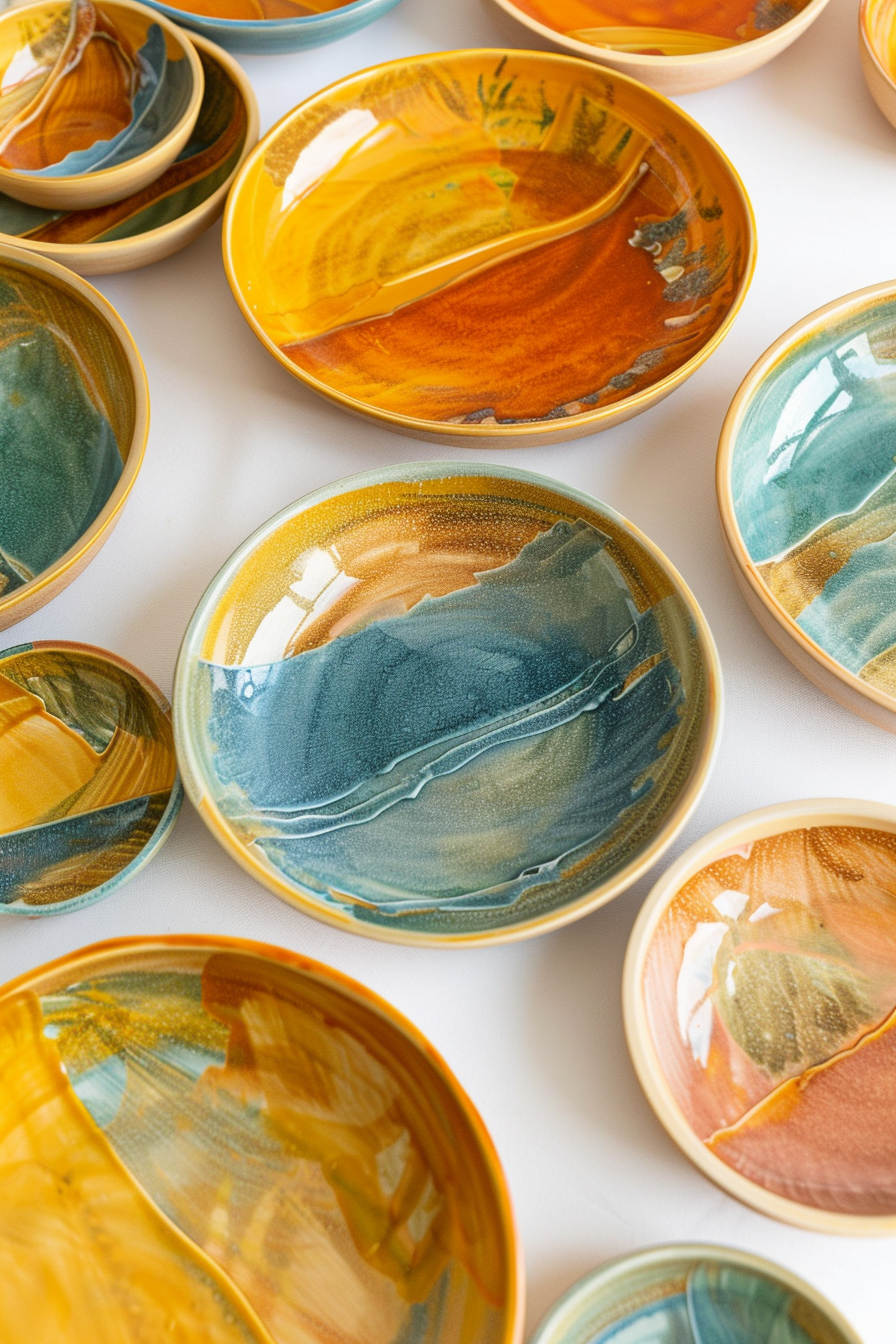 Assorted handmade ceramic plates with colorful glazed finishes in orange, blue, green, and yellow hues on a white surface.