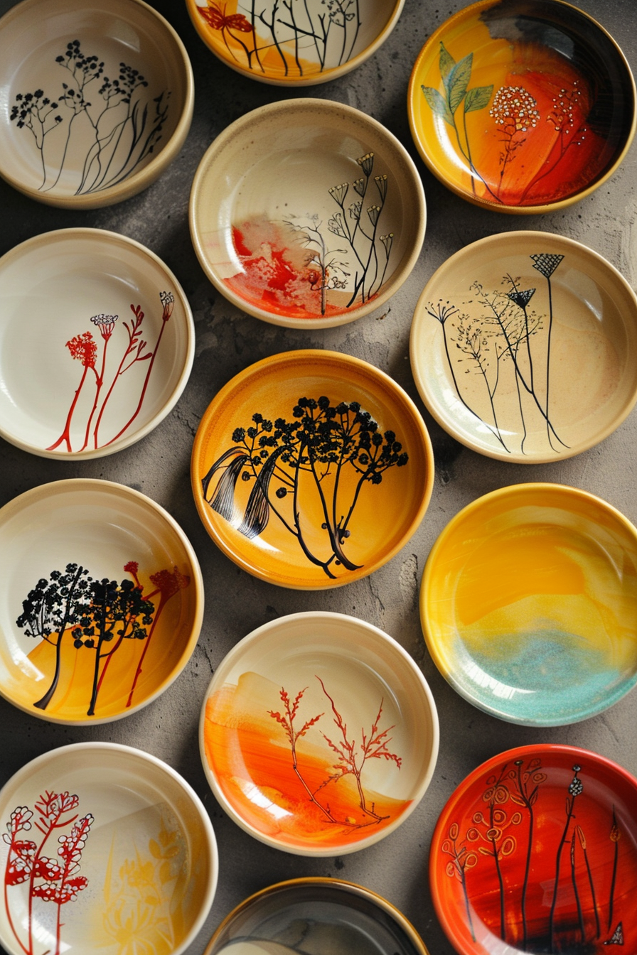 Assorted hand-painted ceramic bowls with botanical designs in various warm colors, displayed on a gray surface.