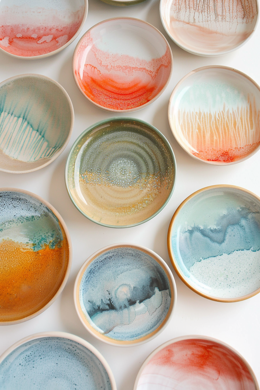 A collection of colorful ceramic plates with various abstract designs, arranged on a light background.