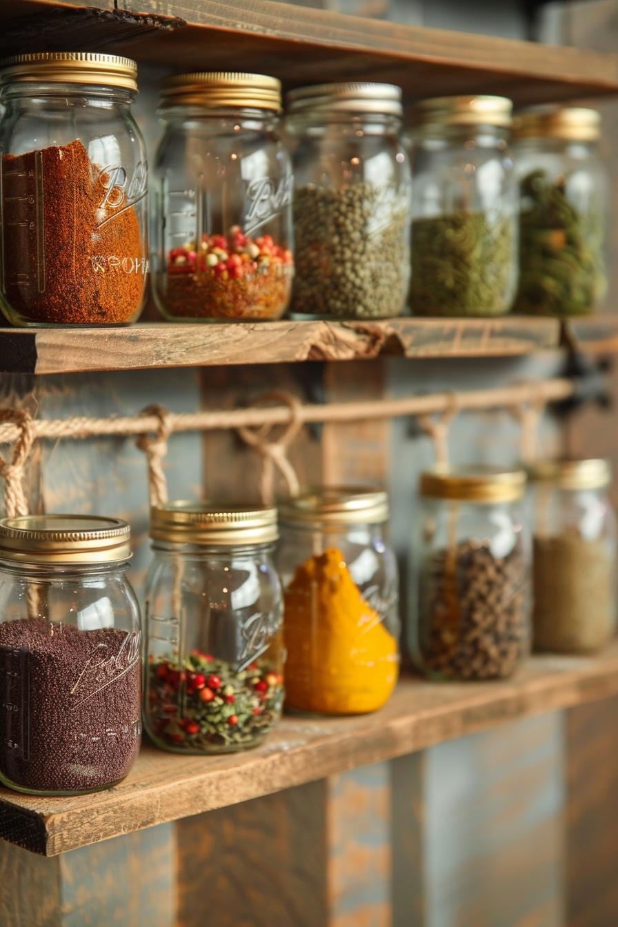 ALT: Various spices and herbs stored in labeled mason jars on a wooden shelf with rustic twine details.