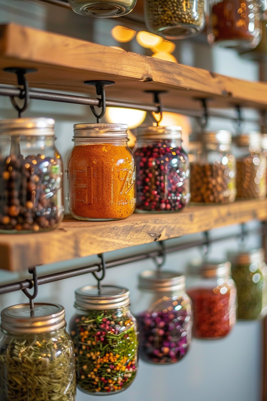 Glass jars filled with various spices hang from a wooden shelf, creating an organized and visually appealing display.