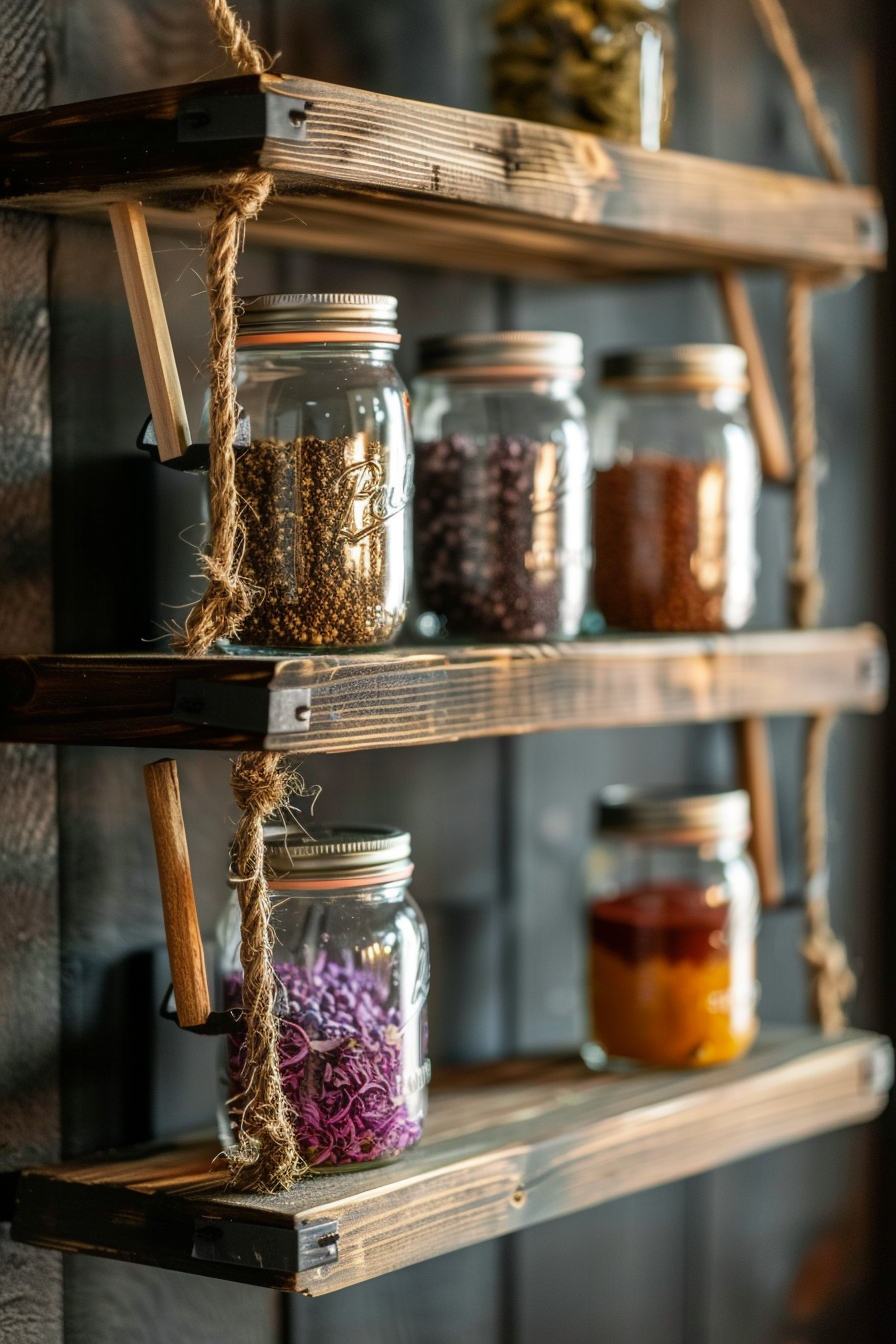 Wooden shelves mounted on a wall with ropes, holding jars filled with various dried foods and spices.