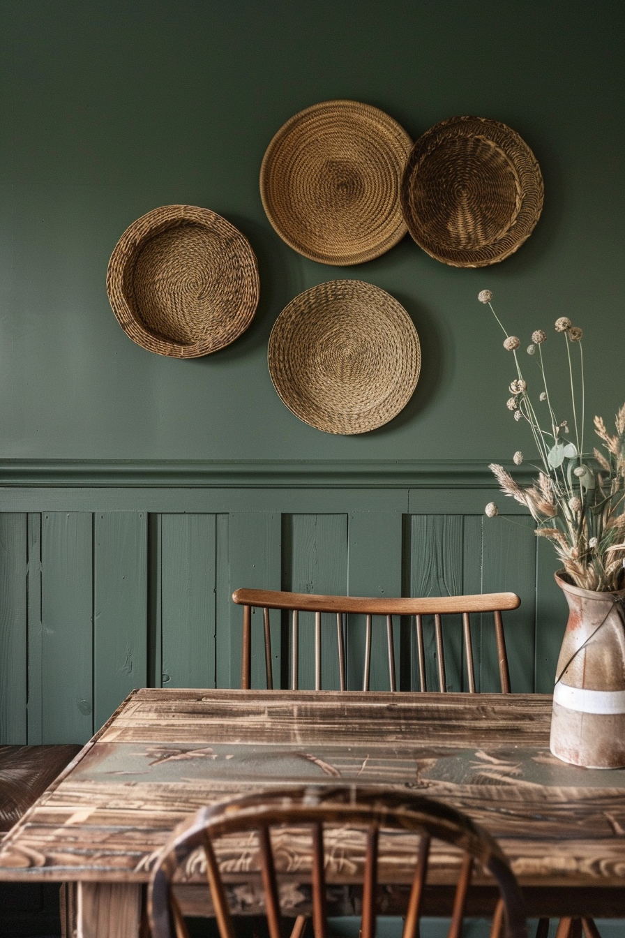 A cozy dining space with an earthy green wall adorned by three woven baskets, a wooden chair, and a rustic table with dried flowers.