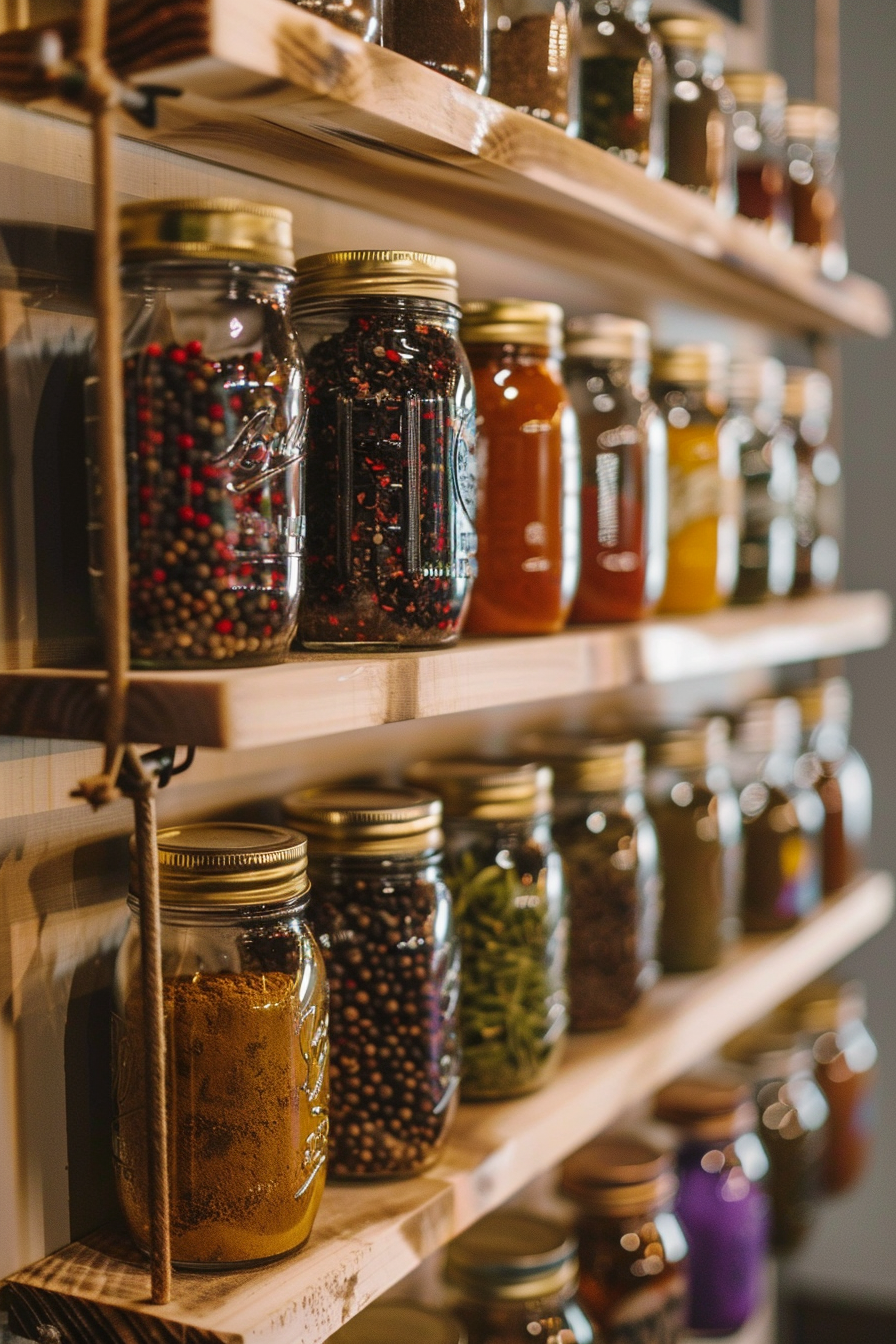 Alt text: Shelves lined with glass jars containing various spices and dried goods in a cozy, rustic kitchen setting.