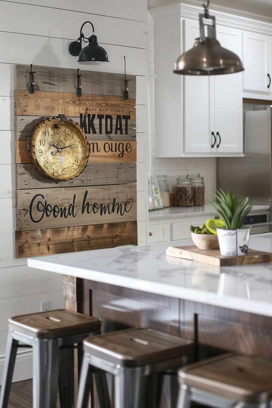Rustic-modern kitchen interior with white cabinetry, wooden bar stools at a marble countertop, and decorative wooden wall panel with a clock.