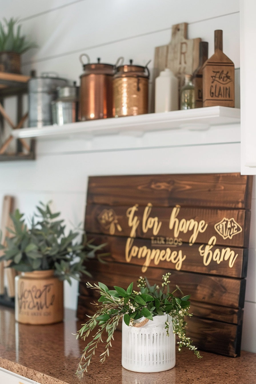 Rustic kitchen shelf with copper canisters, decorative wood signs, and plants in ceramic pots.