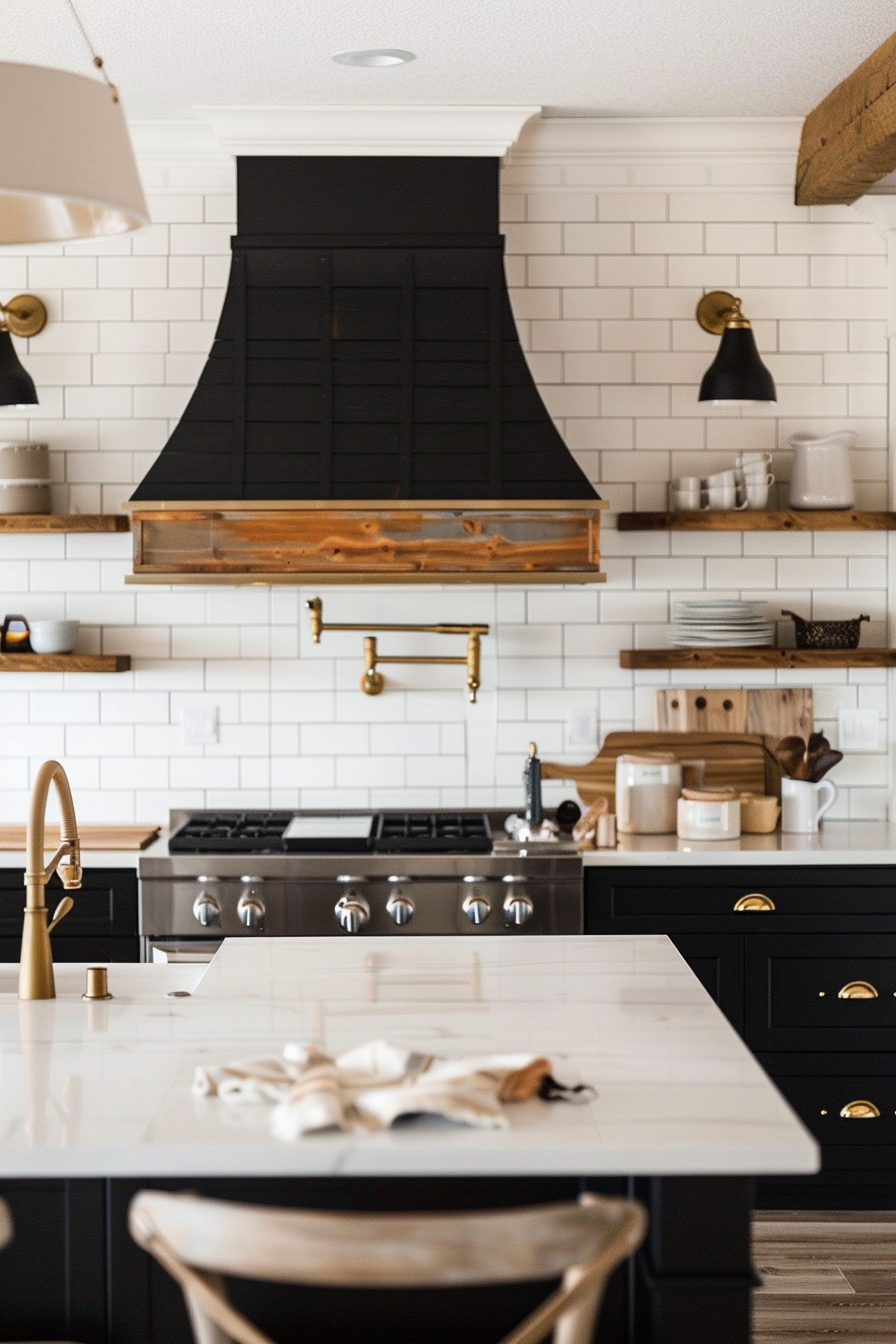 Modern kitchen with black cabinets, a subway tile backsplash, and wooden shelves, featuring a stylish range hood and gas stove.