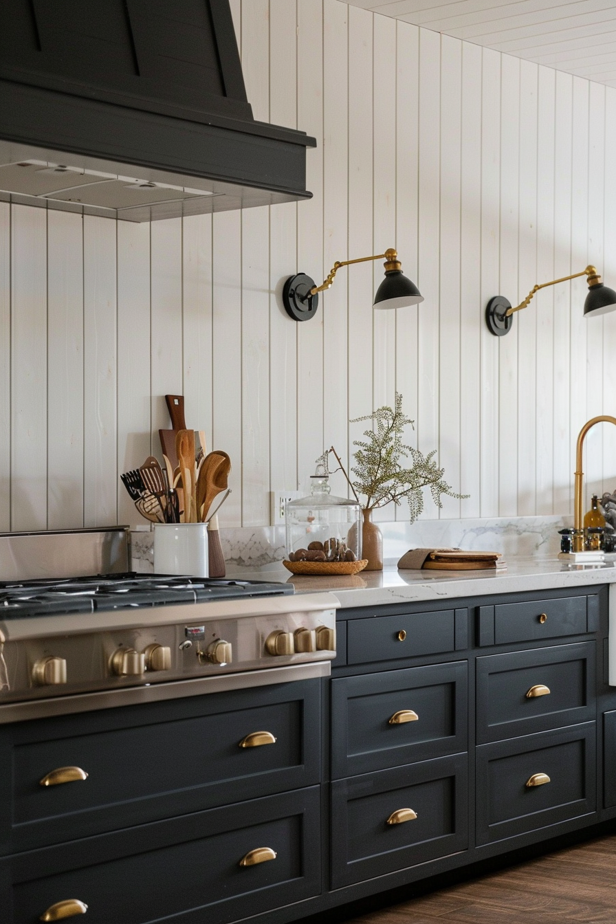 Elegant kitchen interior with dark gray cabinetry, white countertops, gold handles, and wood accents under warm lighting.