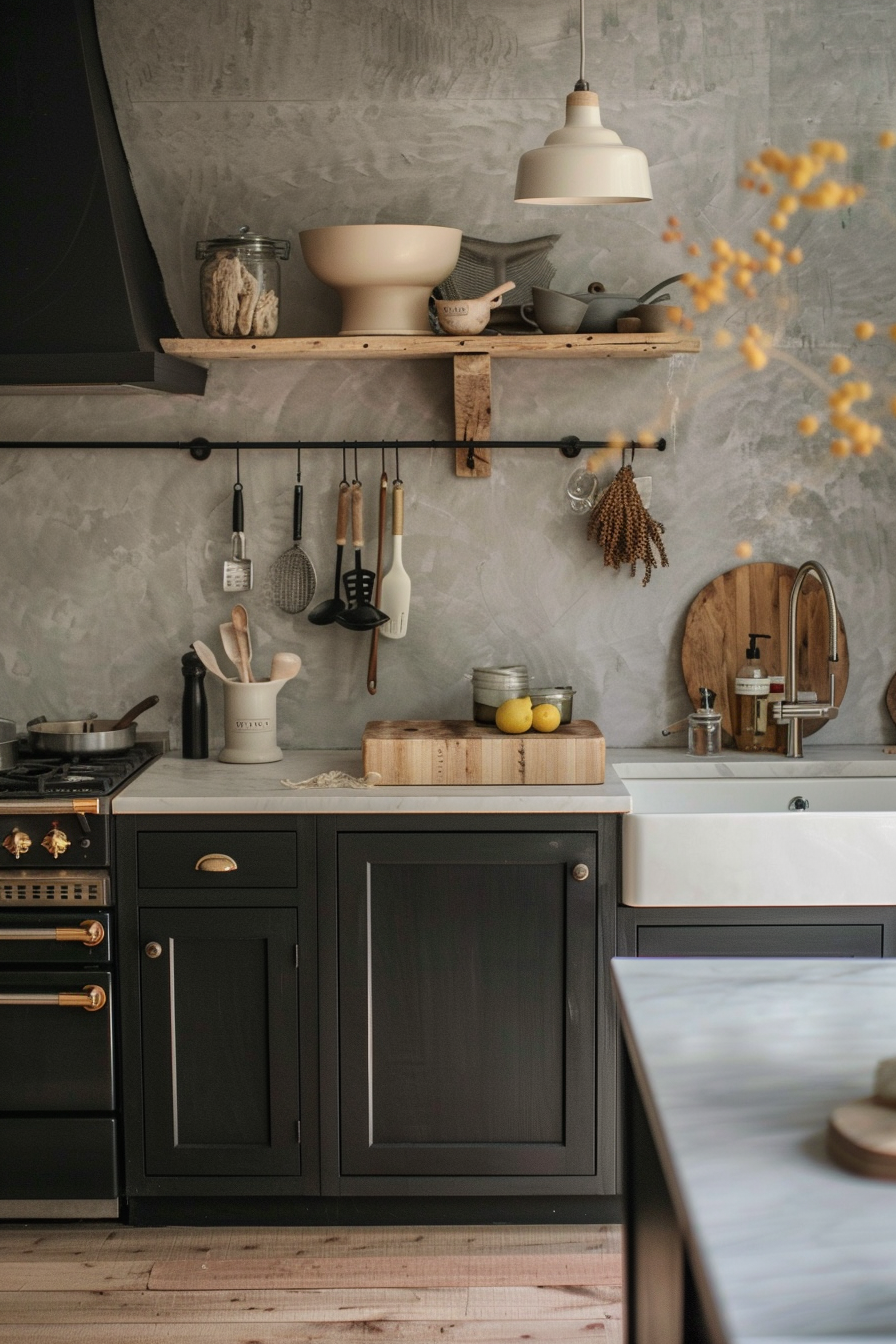 Alt text: A stylish kitchen interior with dark cabinetry, wooden shelves, utensils on display, and a vintage stove.