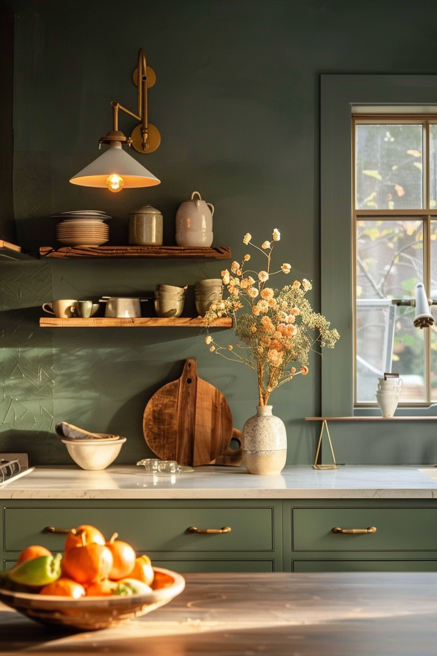 ALT: A cozy kitchen interior with green cabinets, wooden shelves with crockery, a vase with dried flowers, and a bowl of oranges on the counter.