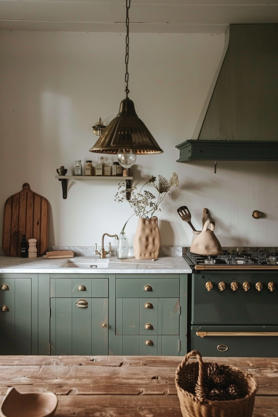 A cozy kitchen interior with olive green cabinets, brass handles, marble countertop, pendant light, and rustic decorations.