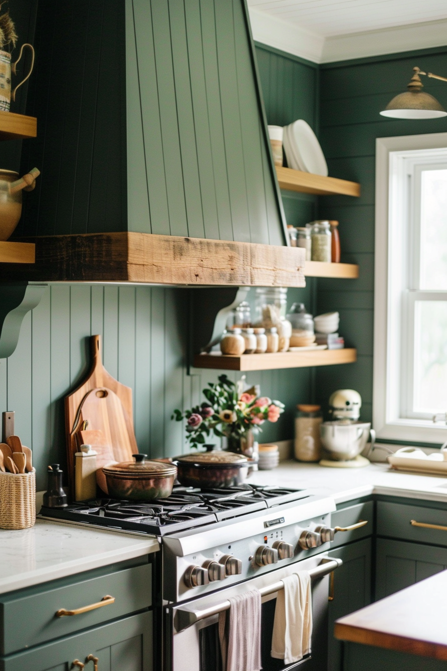 ALT Text: "A cozy kitchen corner featuring a modern stove, wooden shelves with dishware, and a bouquet of flowers, all in a warm, green color scheme."