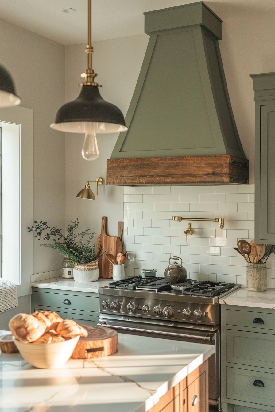 A stylish kitchen interior with sage cabinets, subway tiles, wooden details, and pendant lighting, with fresh bread on the countertop.