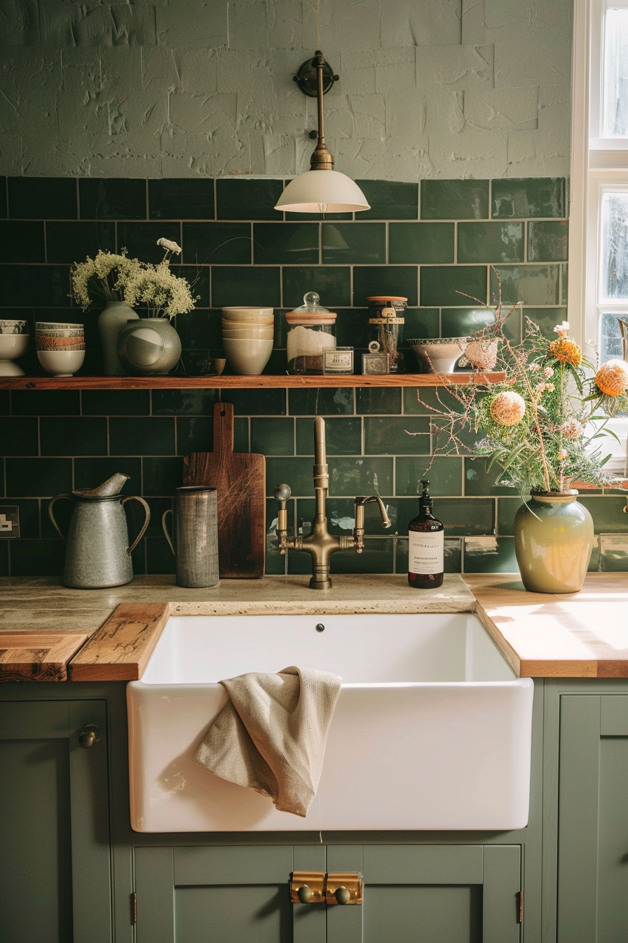 Cozy kitchen corner with green subway tiles, rustic sink, wooden countertops, and vintage accessories bathed in natural light.