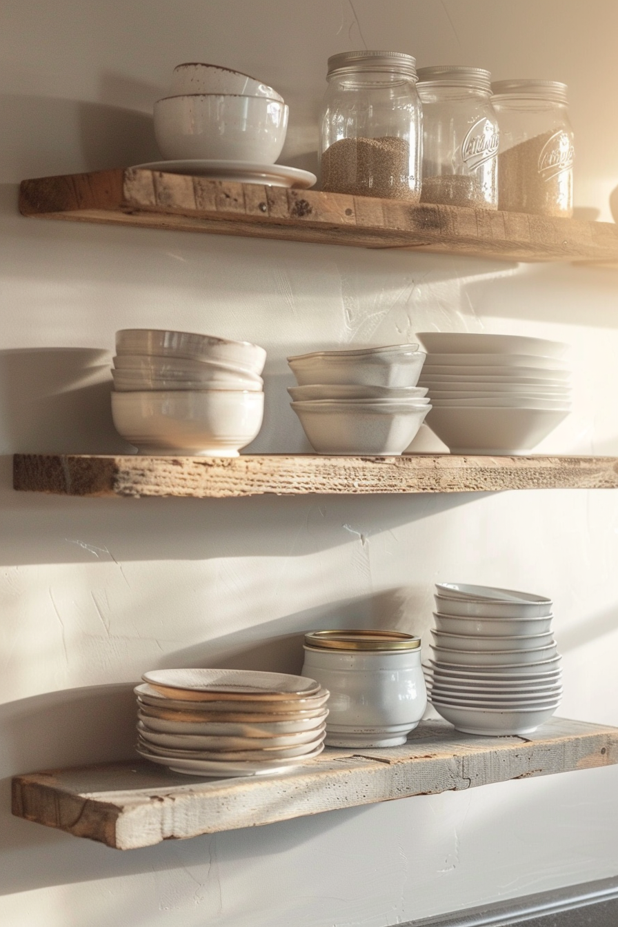 Rustic wooden shelves on a wall holding white bowls, plates, and glass jars filled with dry goods, in a softly lit kitchen.