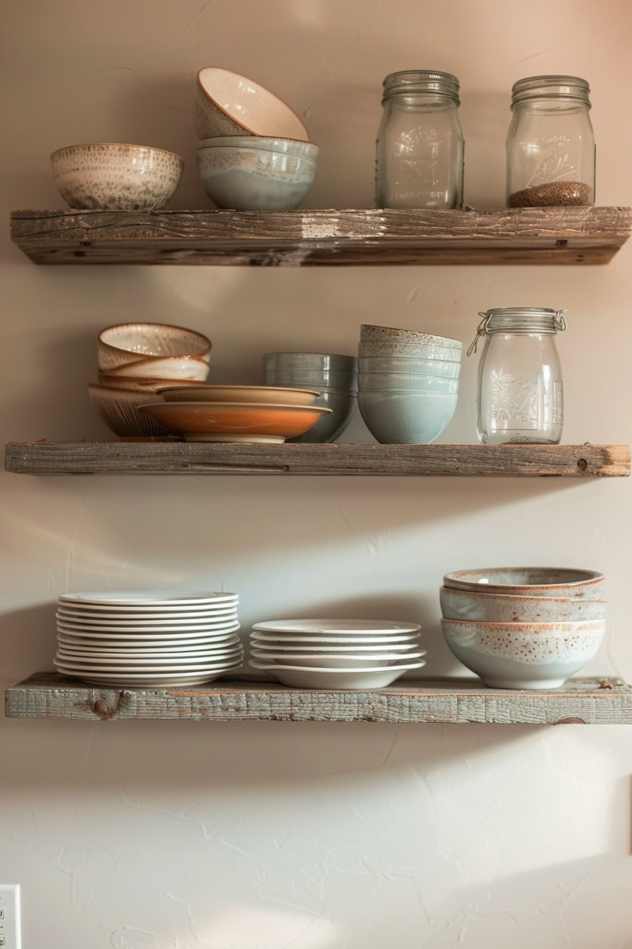 Rustic kitchen shelves displaying various bowls, plates, and glass jars on a textured wall.
