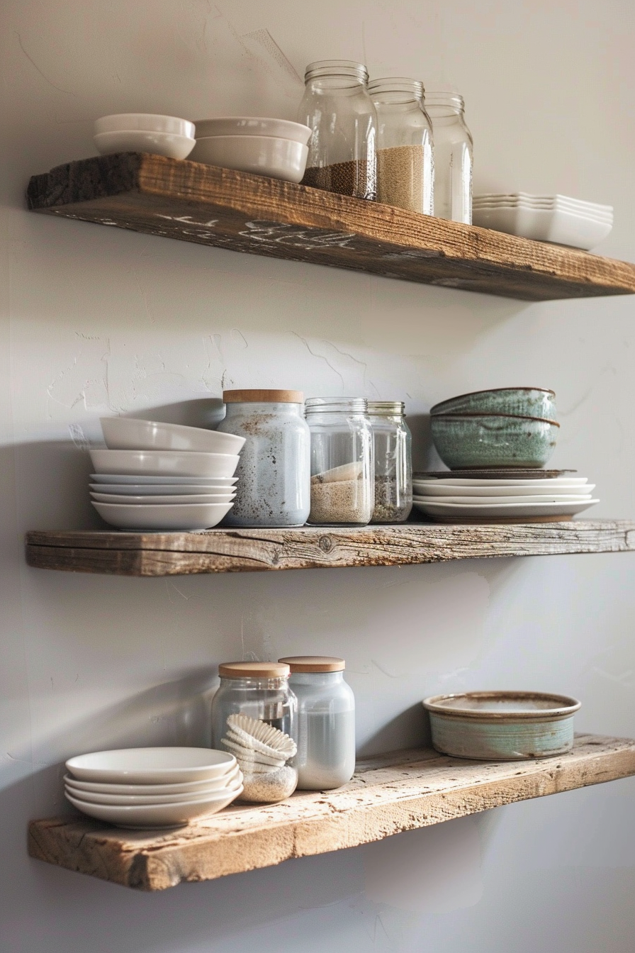 Rustic wooden shelves against a white wall displaying a neatly arranged collection of dishes, bowls, and jars filled with pantry staples.