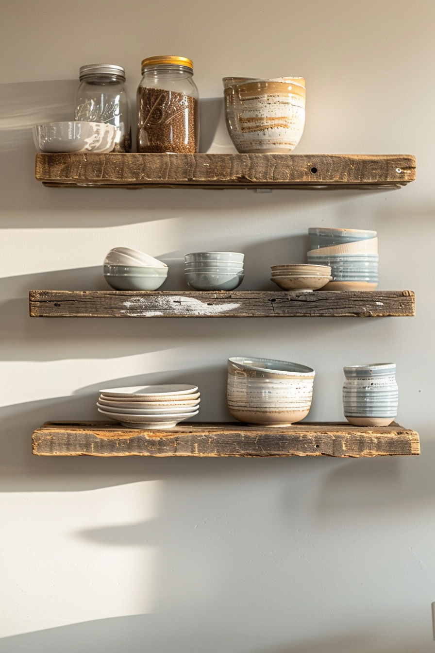 Rustic wooden shelves on a wall holding various kitchenware like bowls, plates, and jars in a neat arrangement.