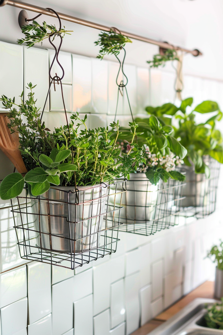 A variety of fresh herbs in tin pots hanging from a rod in wire baskets above a kitchen sink with white tiles.