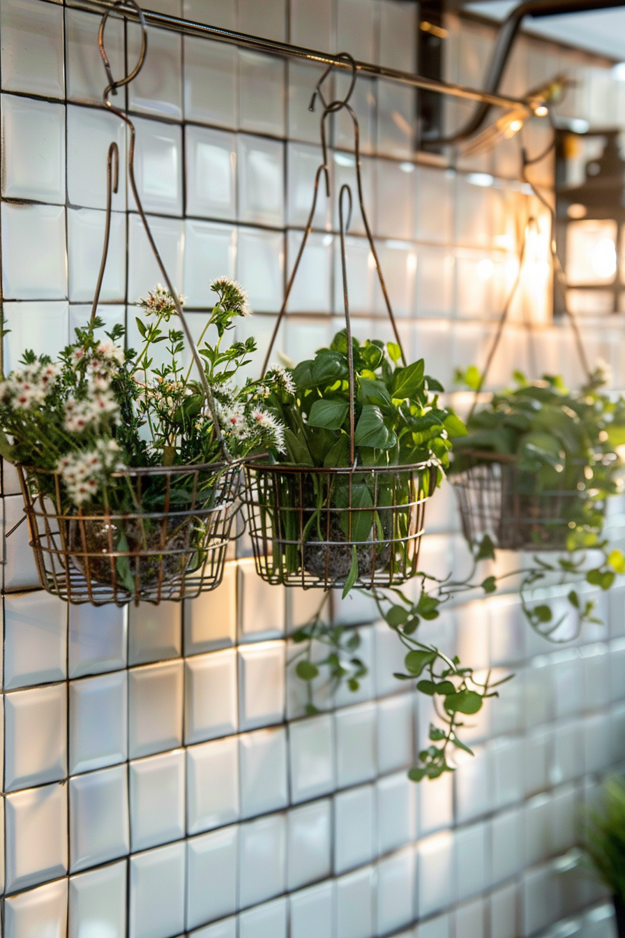 Hanging metal baskets with various green plants against a white tiled wall, illuminated by warm sunlight.