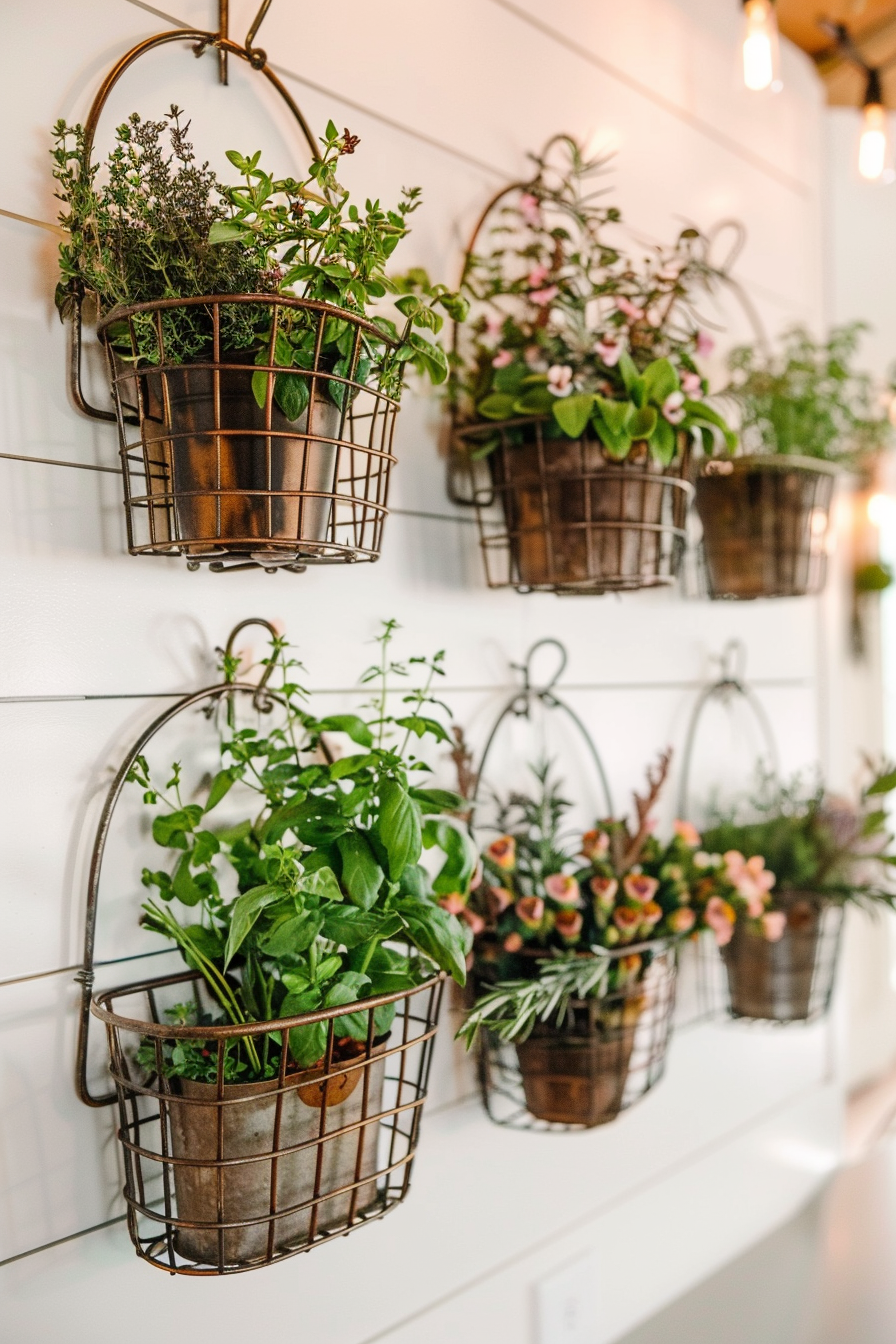 A variety of plants in hanging metal baskets on a white wall, creating an indoor garden aesthetic.