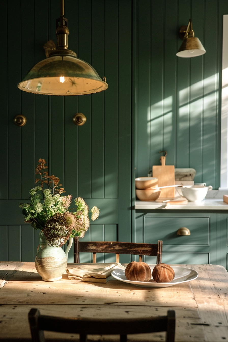 Rustic kitchen interior with morning sunlight casting shadows, featuring a wooden table, vintage chairs, and a vase with wildflowers.