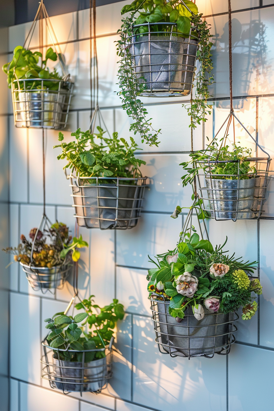 Hanging metal baskets with various green plants against a light blue tiled wall, creating a vertical garden effect.