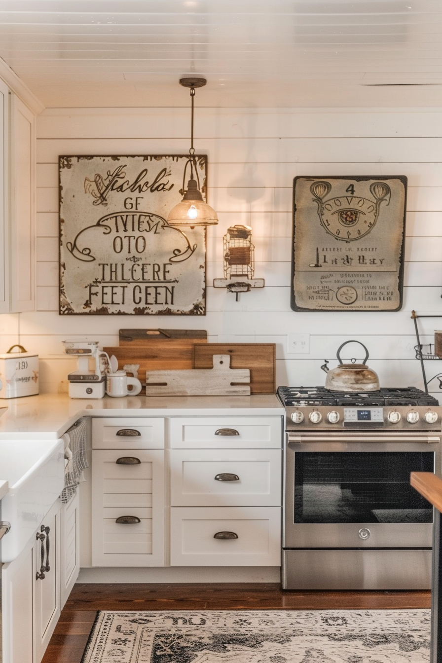 Cozy farmhouse-style kitchen with white cabinetry, wood countertops, vintage decor signs, and warm pendant lighting.