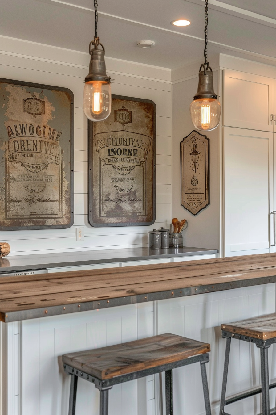 A cozy kitchen corner with pendant lights, vintage metal signs on the wall, a wooden countertop, and industrial style stools.