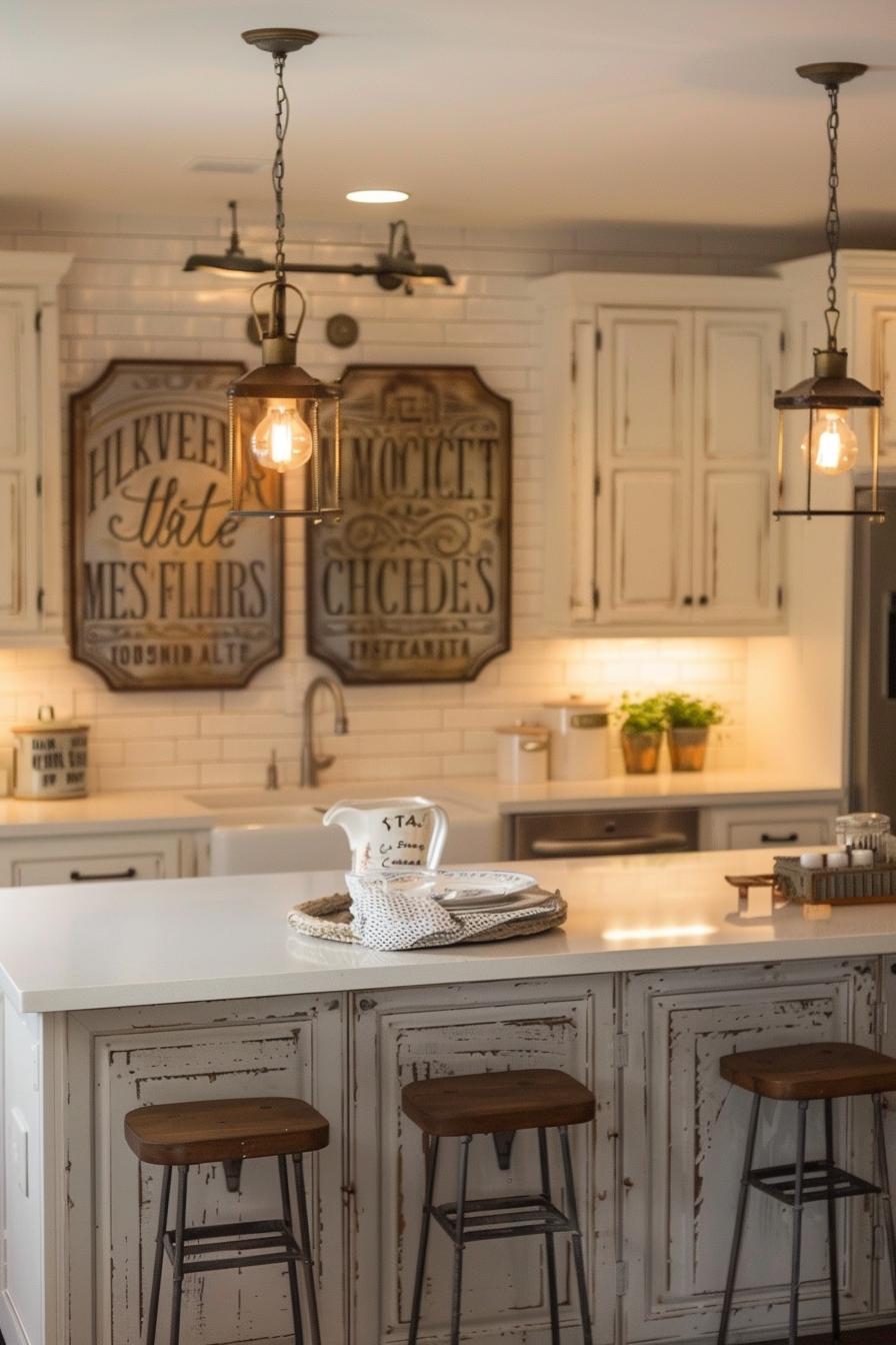 A cozy kitchen interior with white cabinetry, vintage signs, hanging lights, and a central island with bar stools.