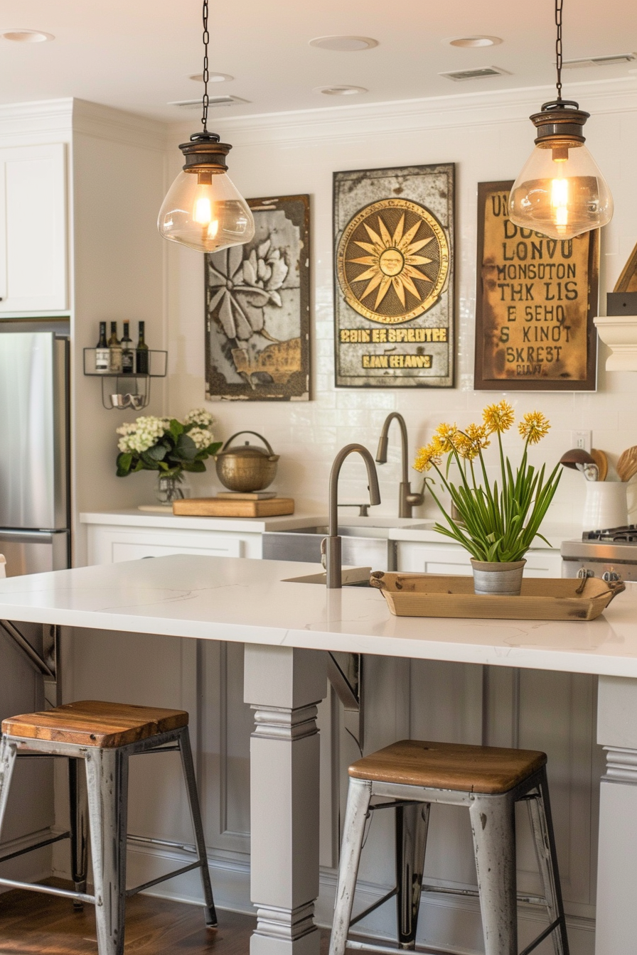 Elegant kitchen interior with white countertop, industrial stools, pendant lights, and decorative wall art.
